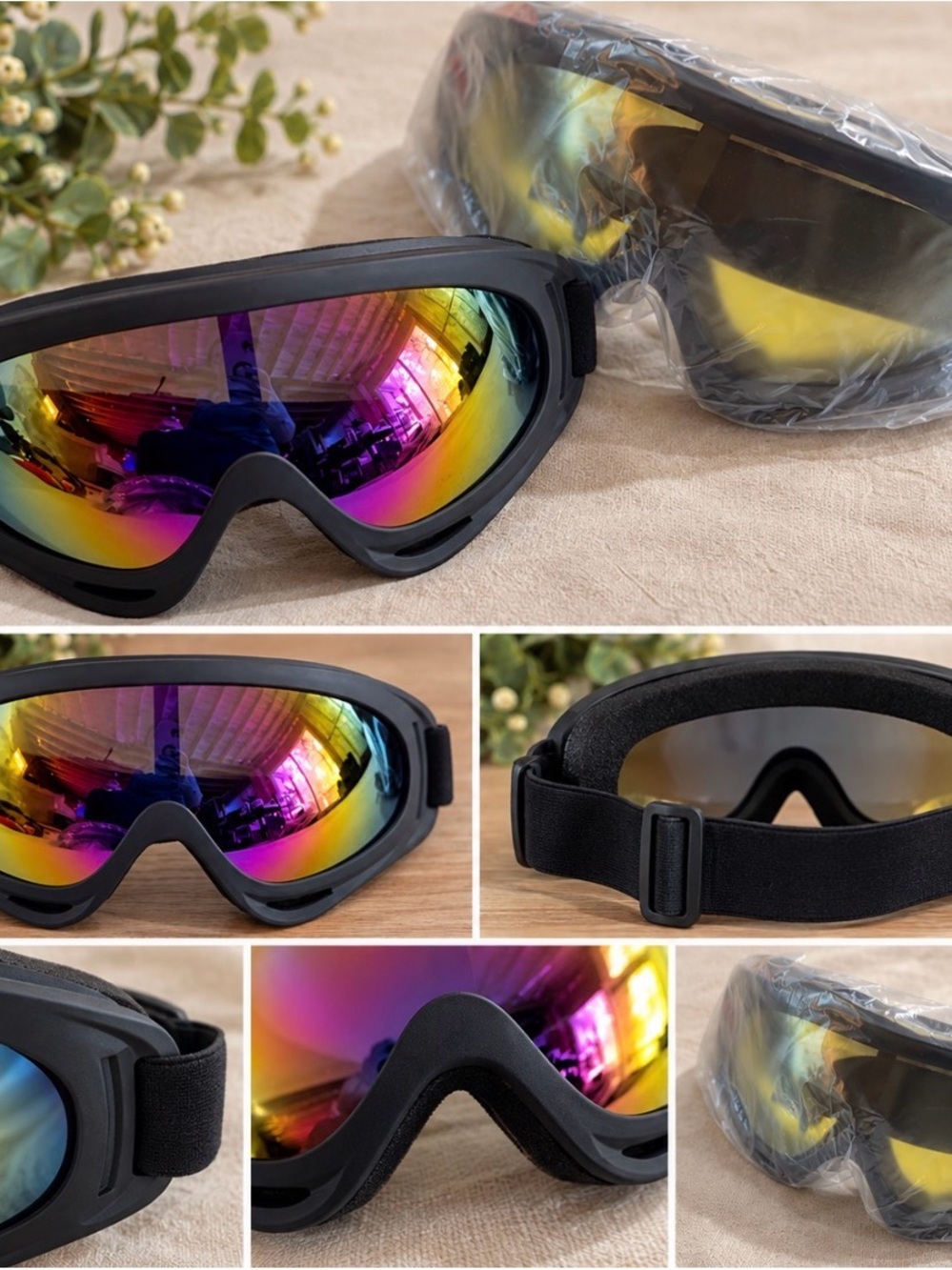 Men's Black Frame Goggles with Rainbow Mirror Lenses